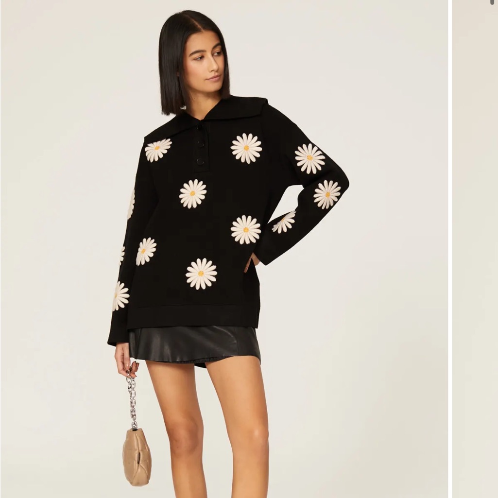 Sandro Daisy Embroidered Henley Sweater
